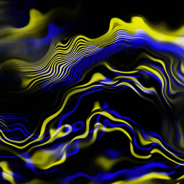 Photo of Blue Yellow Neon Light Wave Painting Black Background Glitch Swirl Pattern