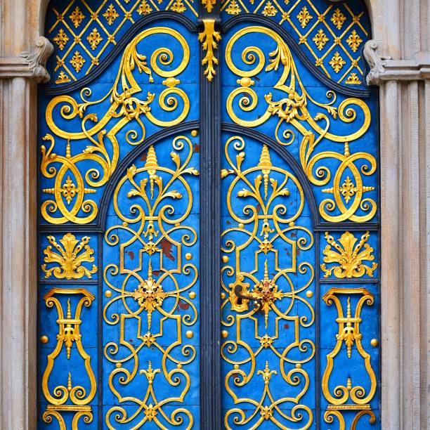 Beautiful blue door with golden elements and patterns in Wroclaw, Poland