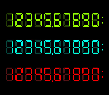 Time or calculator digital display font set isolated. Neon green, cyan blue and red on black background. Numbers, colon and dot. Flat design. EPS 8 vector illustration, no transparency, no gradients