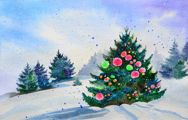 istock Winter landscape with a Christmas tree, original watercolor painting 1176757779