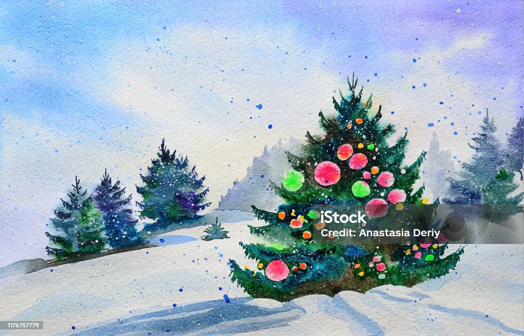 Phong Cảnh Mùa Đông Với Cây Thông Noel Bức Tranh Màu Nước Nguyên Bản Hình  minh họa Sẵn có - Tải xuống Hình ảnh Ngay bây giờ - iStock