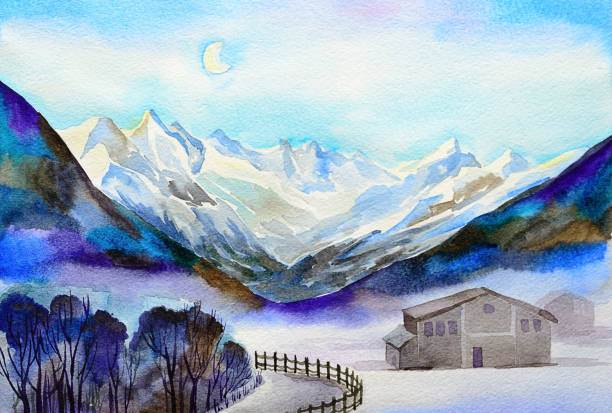 оригинальная акварель,зимнее утро в горах австрии - frozen cold spray illustration and painting stock illustrations
