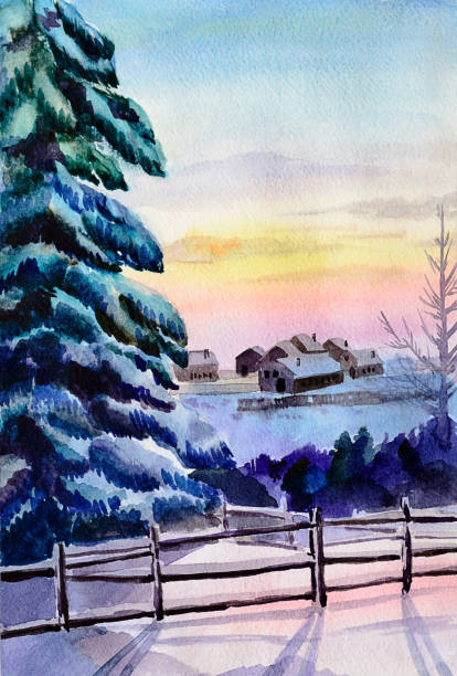 оригинальный акварель зимний закат в архангельске - frozen cold spray illustration and painting stock illustrations