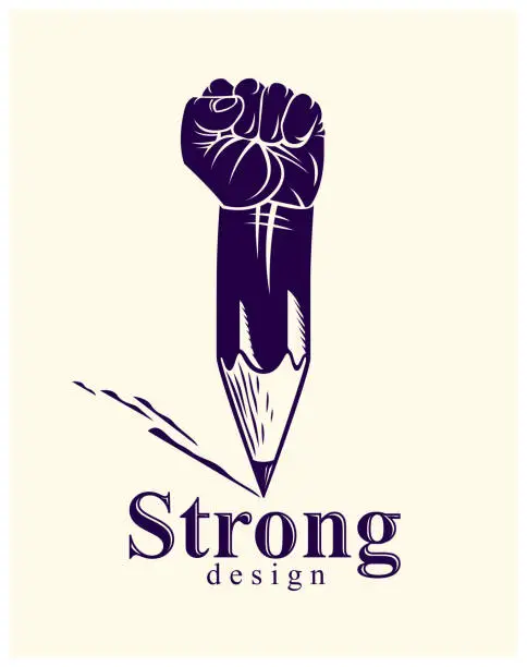 Vector illustration of Strong design or art power concept shown as a pencil with clenched fist combined into symbol, vector creative conceptual icon for designer or studio, science research.