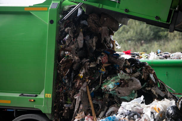 istock Truck tipping garbage from container on junk yard 1176760810