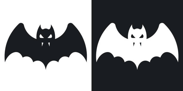 illustrations, cliparts, dessins animés et icônes de silhouette de chauve-souris, illustration d'halloween. icône de vecteur sur le fond noir et blanc - bat halloween silhouette wing