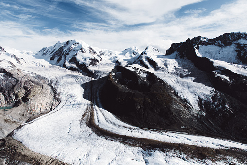 View of huge melting Gorner glaciered Monte Rosa mountain  in Gornergrat station, Zermatt region, Valais, Switzerland