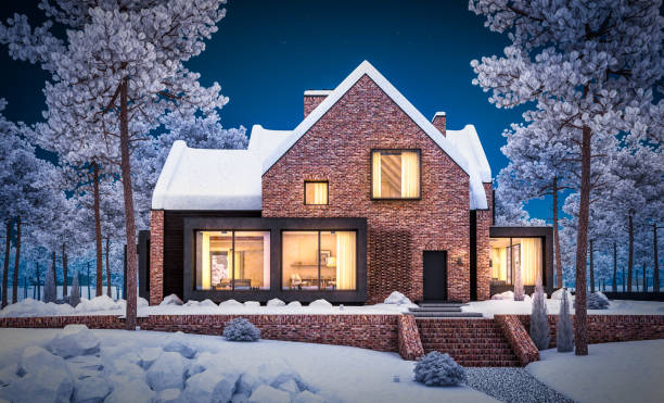 istock 3d rendering of modern clinker house on the ponds with pool in winter night 1176761809