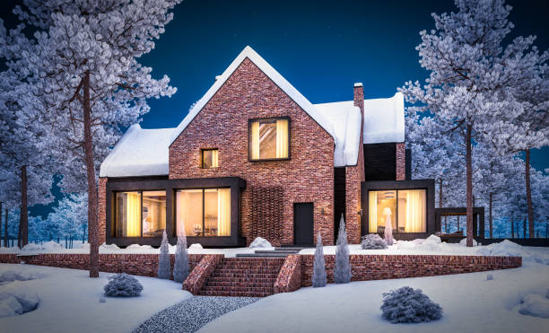 istock 3d rendering of modern clinker house on the ponds with pool in winter night 1176761933