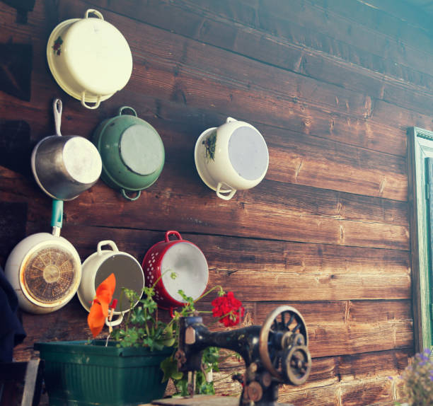 Pots and pans on wooden rustic background Pots and pans on wooden rustic background moules frites stock pictures, royalty-free photos & images