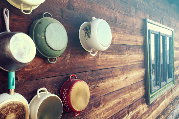 Pots and pans on wooden rustic background Pots and pans on wooden rustic background moules frites stock pictures, royalty-free photos & images