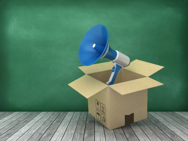 istock Cardboard Box with Megaphone on Wood Floor - Chalkboard Background - 3D Rendering 1176763081