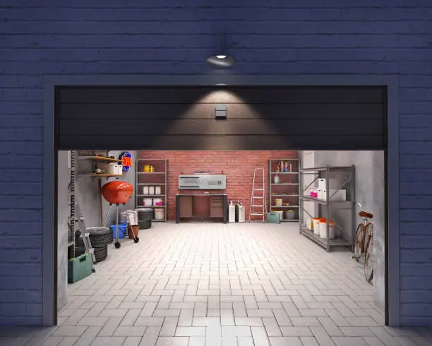 Photo of Garage with open door, look outside at night, 3d illustration
