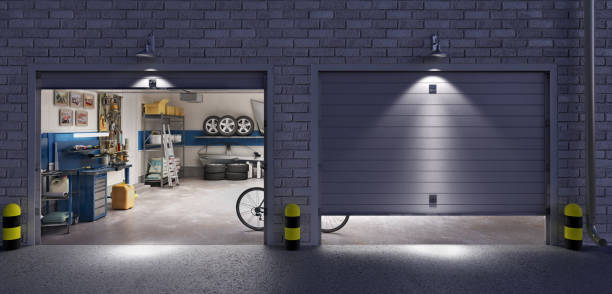 istock Garage with two roller doors, look outside at night, 3d illustration 1176767162