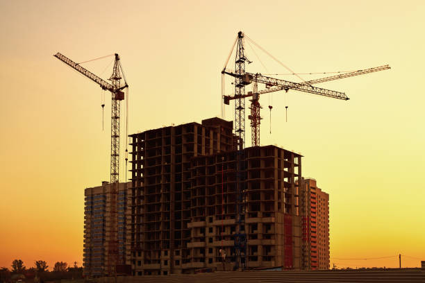 istock Crane silhouettes at yellow sky sunset 1176770751