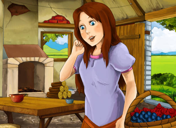 ilustrações de stock, clip art, desenhos animados e ícones de cartoon scene with old kitchen in farm house with happy woman - background cosy beauty close up