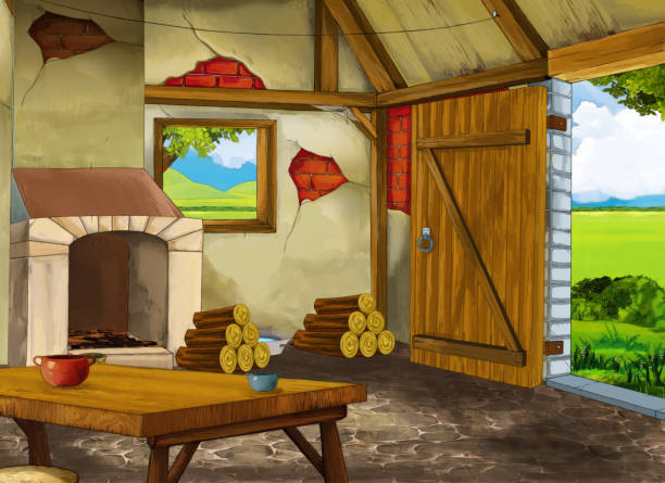 ilustrações de stock, clip art, desenhos animados e ícones de cartoon scene with old kitchen in farm house with nobody on the stage - background cosy beauty close up