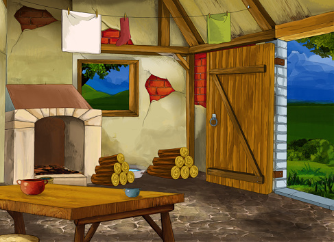 Cartoon Scene With Old Kitchen In Farm House With Nobody On The Stage Stock  Illustration - Download Image Now - iStock
