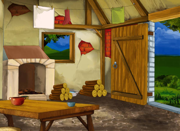 Cartoon Scene With Old Kitchen In Farm House With Nobody On The Stage Stock  Illustration - Download Image Now - iStock