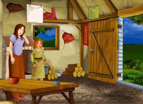 ilustrações de stock, clip art, desenhos animados e ícones de cartoon scene with old kitchen in farm house with happy woman and daughter - background cosy beauty close up