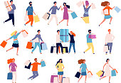 Shopping characters. People in market boutique store buyers discount crazy shopping vector persons. Illustration customer shopping, shopper with purchase and package