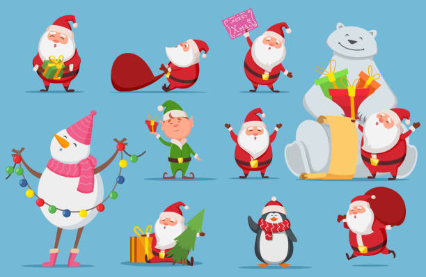 zestaw świętego mikołaja. postacie bożonarodzeniowe. ładny mikołaj, niedźwiedź polarny, ilustracja wektorowa pingwina - sack santa claus christmas vector stock illustrations
