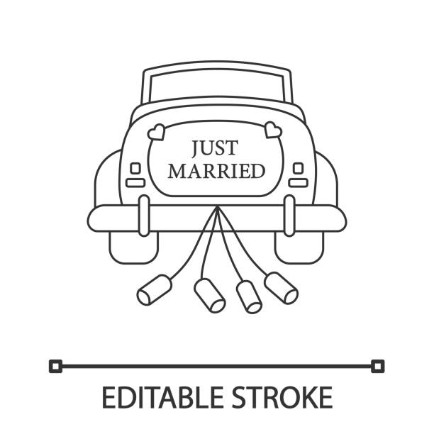 illustrations, cliparts, dessins animés et icônes de icône linéaire de location de voiture de mariage - just married