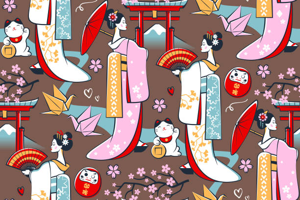 Japanese pattern Seamless pattern with geishas and other Japanese symbols. daruma stock illustrations