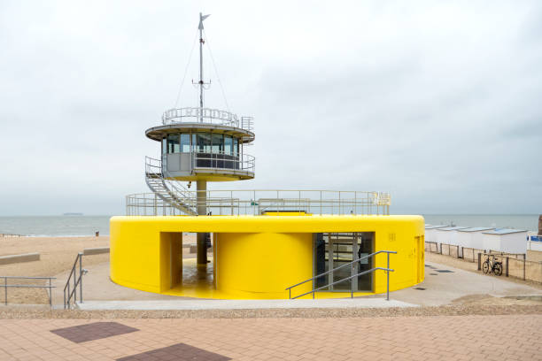 Knokke, Belgium - September 11, 2019: A modern lifeguard station at the beach in Knokke, Belgium - North Sea