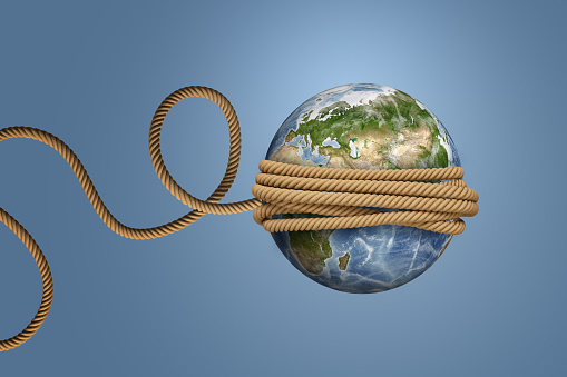 3d rendering of planet Earth, tied with a rope and thrown like a ball or a yo-yo. Concerns about future of our planet. Risky situations. Zero-sum game.