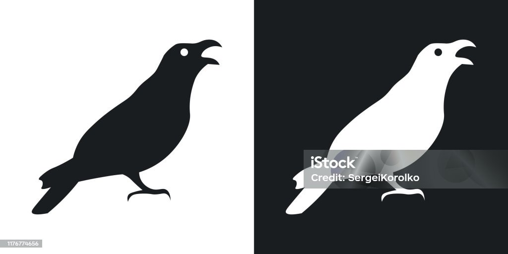 Rabe oder Krähe Silhouette, Halloween-Illustration. Vektorsymbol auf schwarzem und weißem Hintergrund - Lizenzfrei Krähe Vektorgrafik