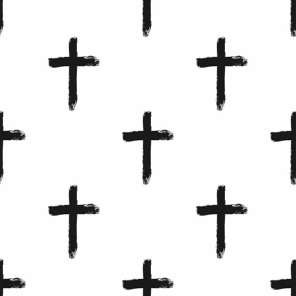 Seamless pattern with christian crosses painted with a rough brush. Sketch, grunge, ink. Religious print. Vector illustration.