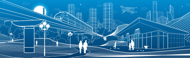 gliederung industrie stadt illustration panorama. abendstadt-stadtszene. menschen, die im garten spazieren gehen. zugfahrten. nachtladen. kraftwerk in den bergen. weiße linien auf blauem hintergrund. vektor-design-kunst - architecture bridge built structure business stock-grafiken, -clipart, -cartoons und -symbole