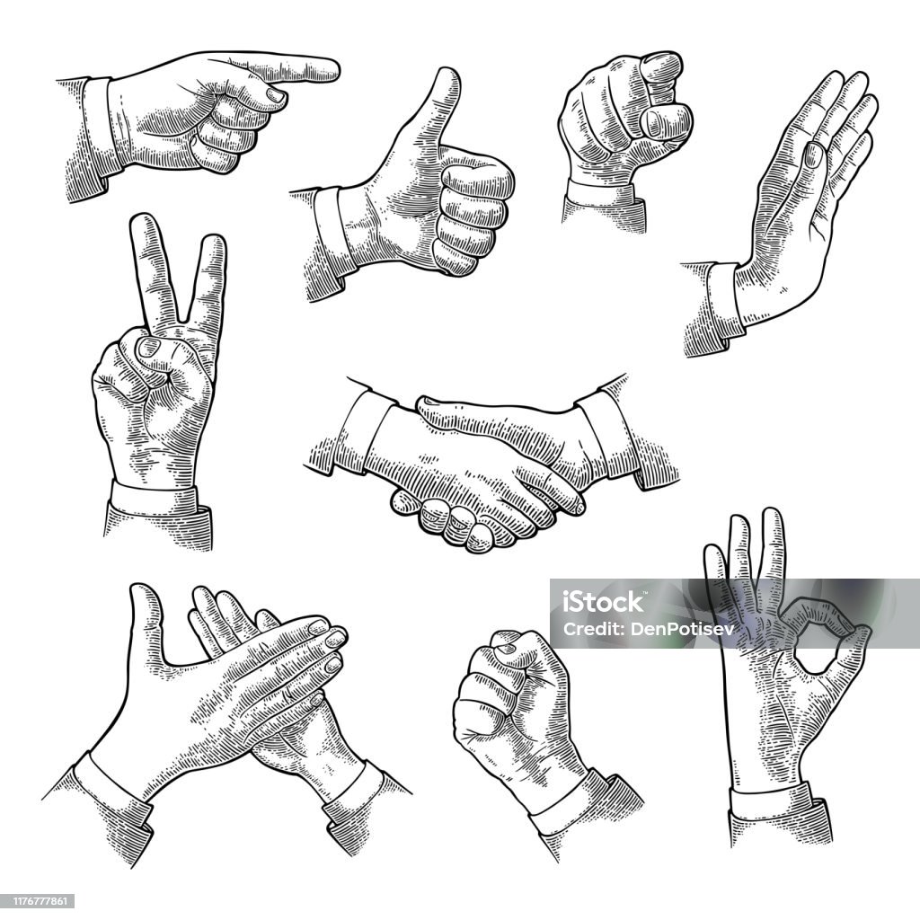 Male Hand sign. Like, Handshake, Ok, Stop, Middle finger, Victory Male Hand sign. Like, handshake, ok, stop, victory, pointing, applause, fist gesture. Vector black vintage engraving illustration isolated white background Hand stock vector