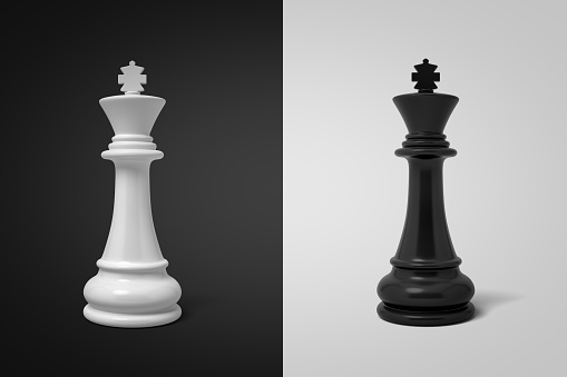 3d rendering of white chess king on black background and black chess king on white background. Chess pieces. Board games. Strategy games.