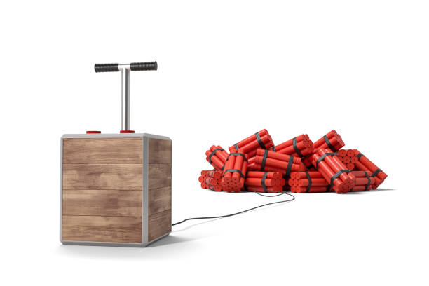 3d rendering of tnt dynamite sticks with detonator box isolated on white background. 3d rendering of tnt dynamite sticks with detonator box isolated on white background. Digital art. Blasting machine. Plunger detonator. dynamite stock pictures, royalty-free photos & images