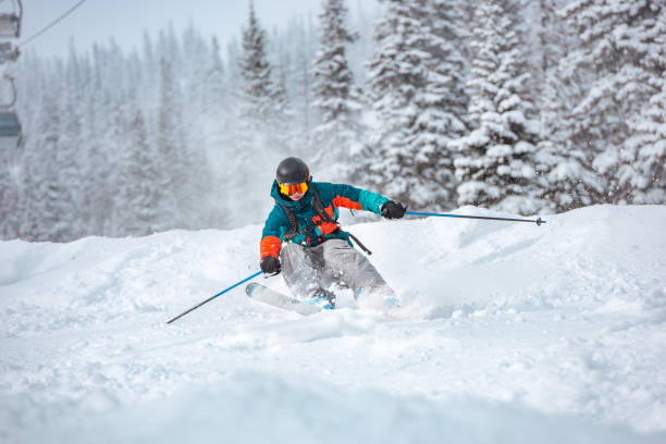 Freeride skier at off-piste slope in forest Freeride skier rides over off-piste slope in snow capped forest skiing photos stock pictures, royalty-free photos & images