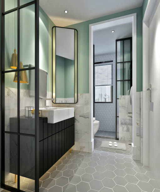 istock Modern bathroom interior with city view .Design and style concept. Mock up, 3D Rendering 1176780930