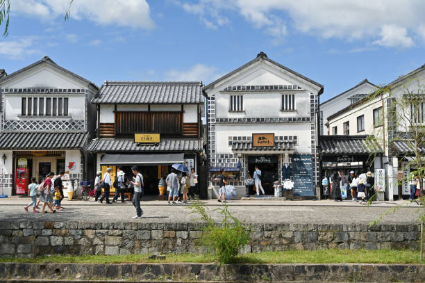 Female tourist looking at view of traditional Japanese village from the bridge