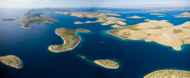 Aerial view of sea and small islands in Kornati national park stock photo
