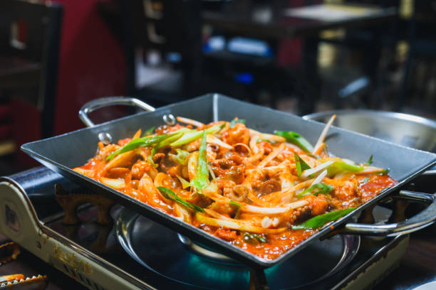 Koean food, Spicy stir-fried octopus (Nakji-bokkeum) on a pan