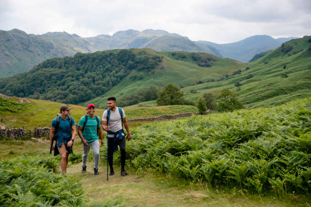 Three Young Men Enjoying a Hike in the Mountains Three young males enjoying a hike in the mountains in The Lake District in Cumbria english lake district stock pictures, royalty-free photos & images