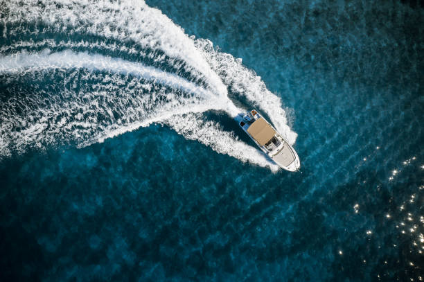 istock Speed boat in mediterranean sea, aerial view 1176782478
