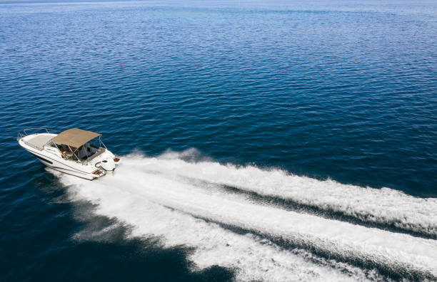 istock Speed boat in mediterranean sea, aerial view 1176782686