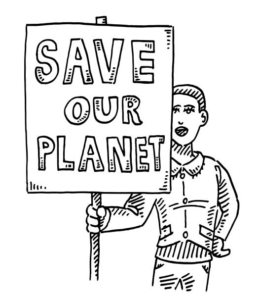 Woman Climate Protest Sign Save Our Planet Drawing Hand-drawn vector drawing of a Woman holding a Climate Protest Sign, Save Our Planet. Black-and-White sketch on a transparent background (.eps-file). Included files are EPS (v10) and Hi-Res JPG. climate protest stock illustrations