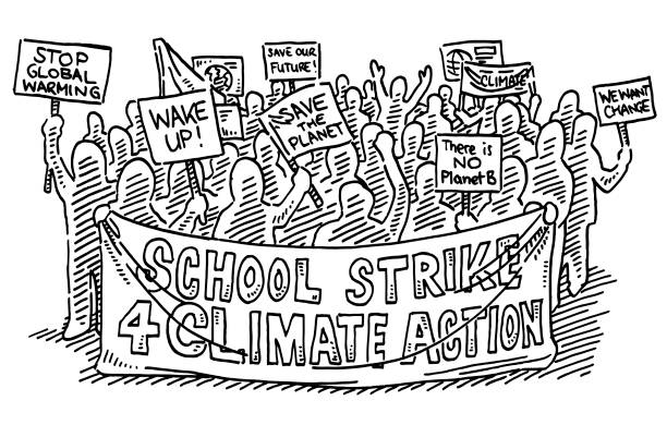 Group Of School Strike Protesters Drawing Hand-drawn vector drawing of a Group Of School Strike Protesters. Black-and-White sketch on a transparent background (.eps-file). Included files are EPS (v10) and Hi-Res JPG. climate protest stock illustrations