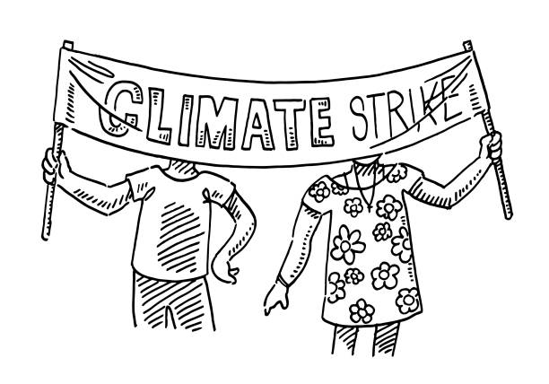 Two Young People Holding Climate Strike Banner Drawing Hand-drawn vector drawing of Two Young People Holding a Climate Strike Banner. Black-and-White sketch on a transparent background (.eps-file). Included files are EPS (v10) and Hi-Res JPG. climate protest stock illustrations