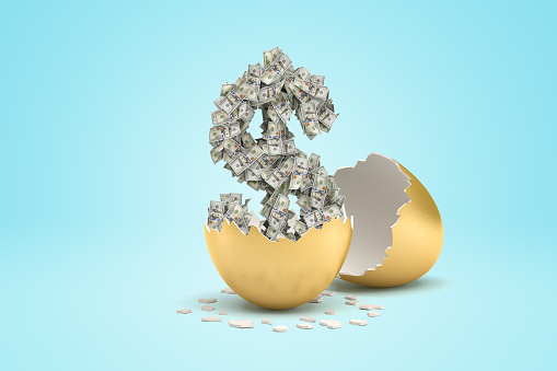 3d rendering of money dollar hatched from golden egg on light blue background. Finance and economy. Banking and currency. Development and operations.