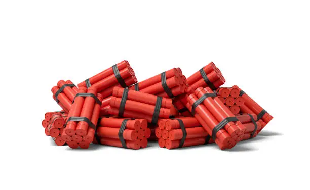 Photo of 3d rendering of a heap of bundles of dynamite sticks on a white background.