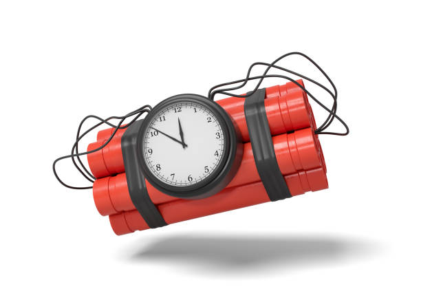 3d rendering of a bundle of dynamite sticks with a clock attached to the side of it on a white background. Dangerous job. Explosive supplies. Destroy and demolish.